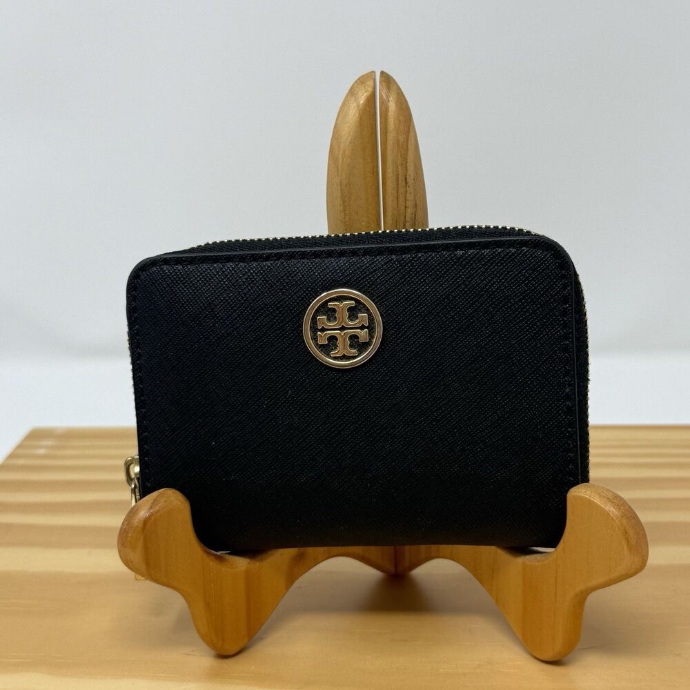 Tory Burch Zip Around Wallet Black Leather Keychain Womens